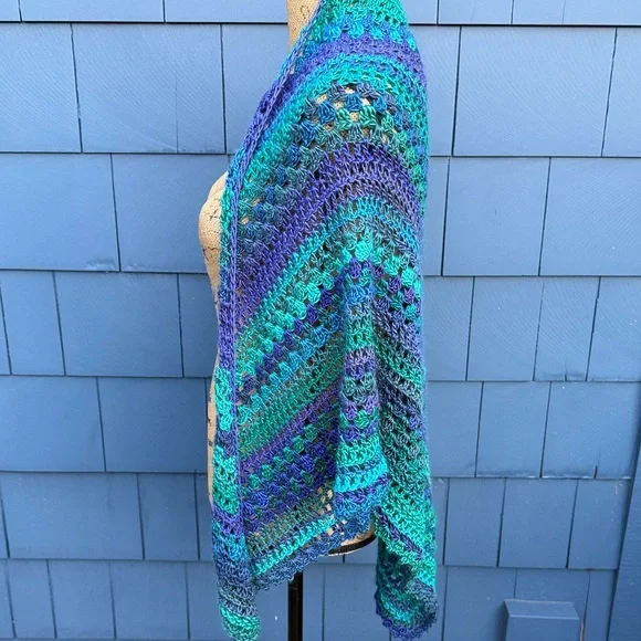Multicolor Crochet Poncho wrap drape shawl purple green teal blue - Picture 7 of 8